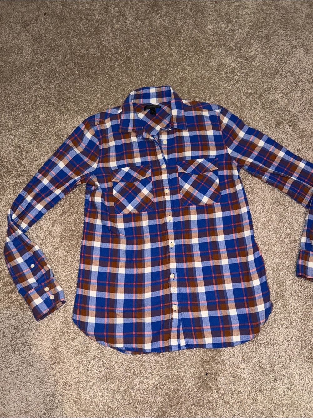 J. Crew Blue, Brown & White Plaid Button-Down Shirt - size 2. G